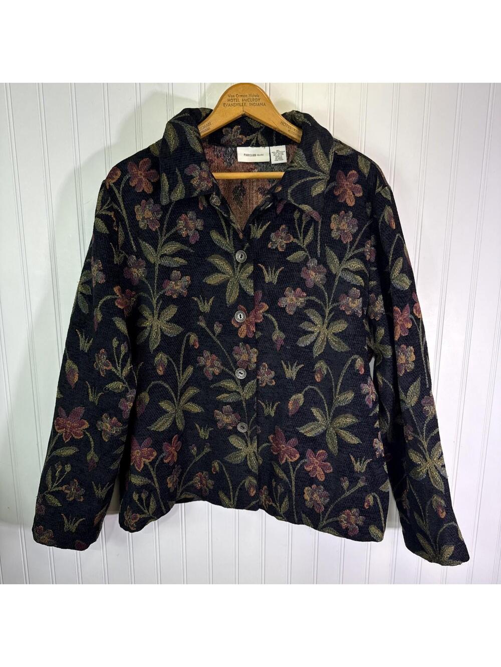 Vintage 90s Tapestry Jacket Floral Pattern Boho Size XL Button Front Black